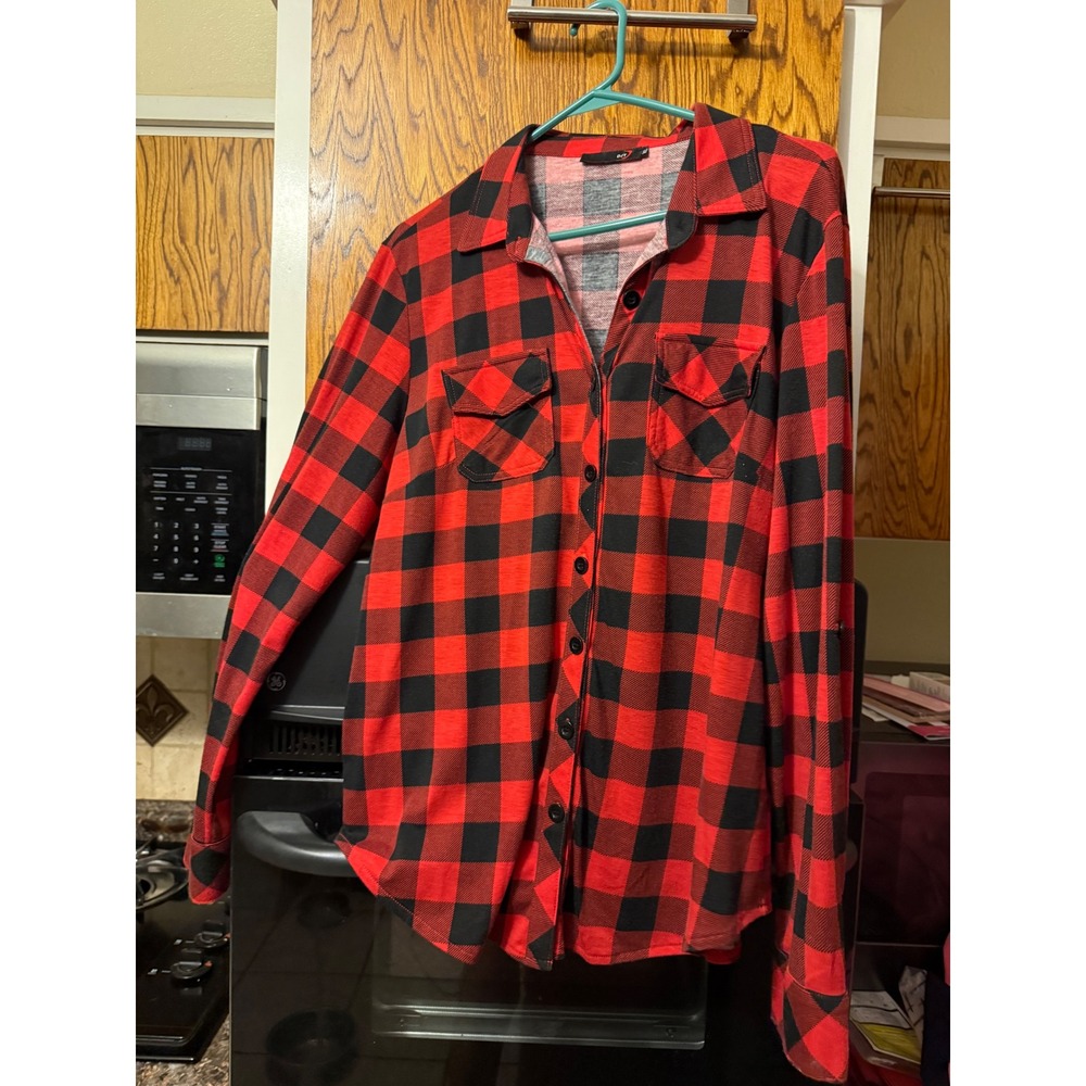 DJT Womens Red Black Buffalo Plaid Button‎ Down Flannel XL Long Sleeve Pockets
